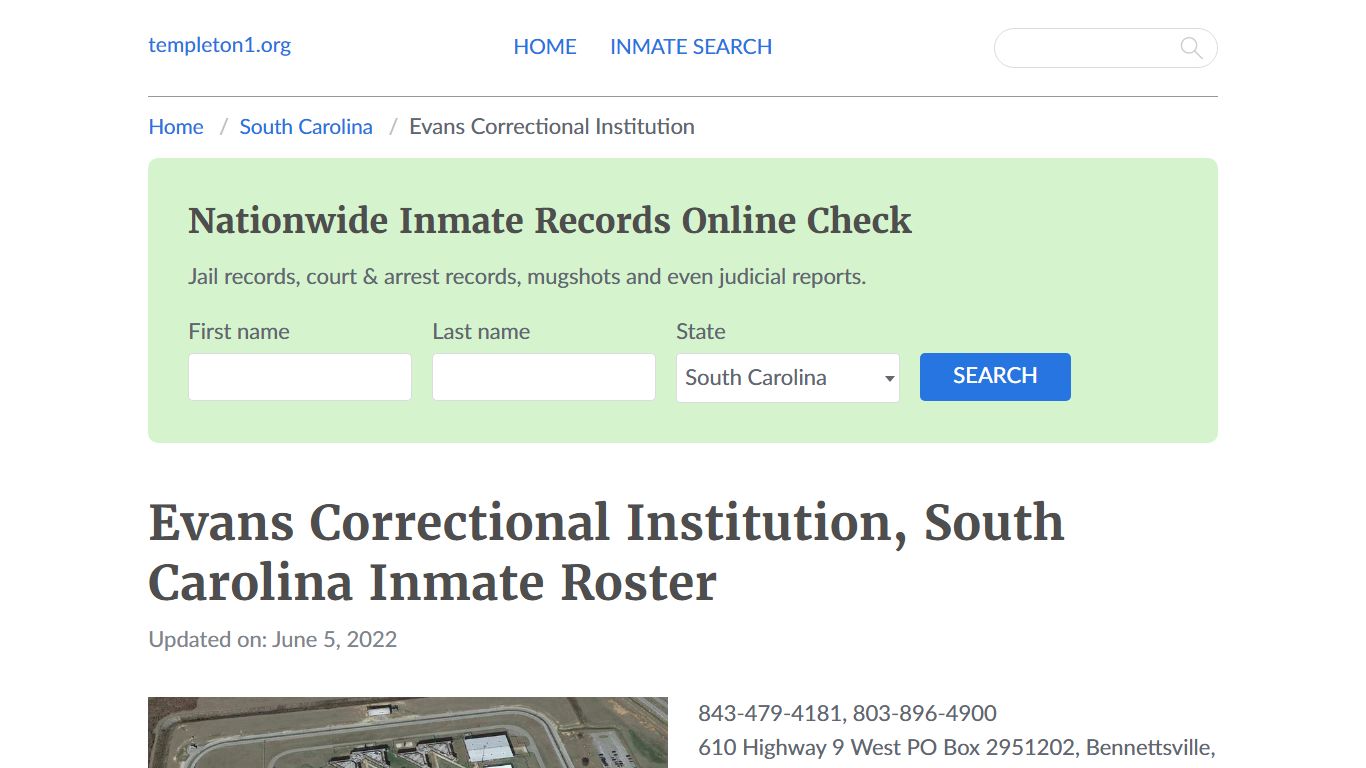 Evans Correctional Institution, South Carolina Inmate Booking - Templeton